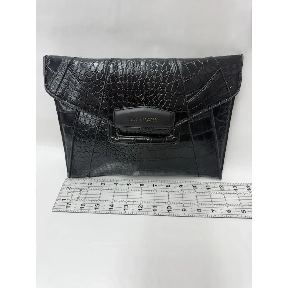 Givenchy Antigona Medium Envelope Clutch Black Croc Embossed Calfskin Leather
